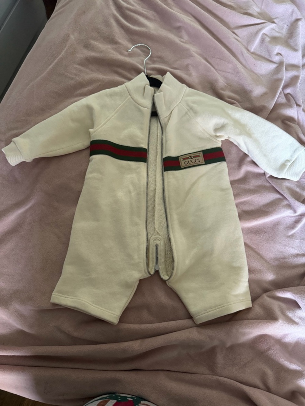 Gucci Cream Baby Footie with Green and Red Web Stripe